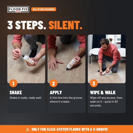 Fix a squeaky click floor in 3 steps with Click Lube: shake, apply, wipe and walk