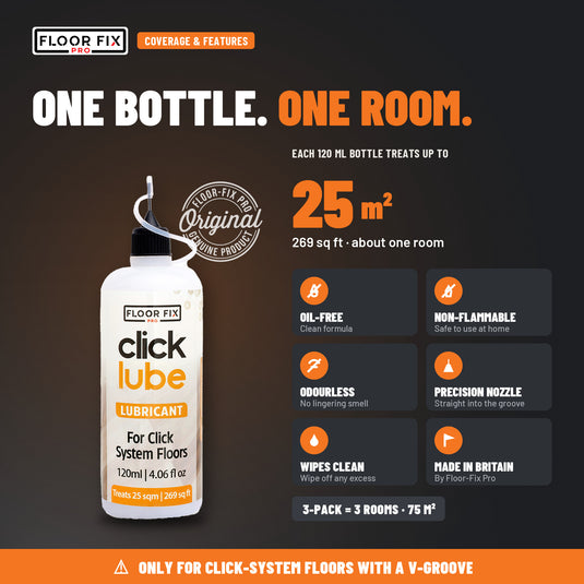 One 120ml bottle of Click Lube treats about 25 square metres of squeaky click floor