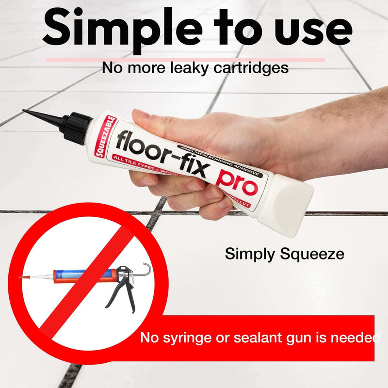 Load image into Gallery viewer, Hands applying Floor-Fix Pro Adhesive to wooden floorboards using the squeezable tube
