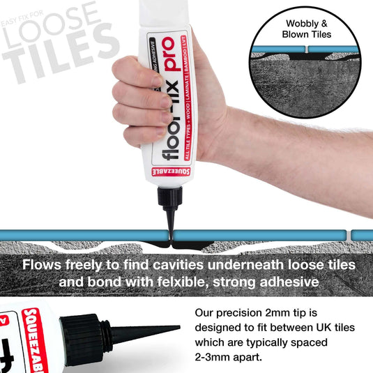 Hands applying Floor-Fix Pro Adhesive to tile floor using the squeezable tube