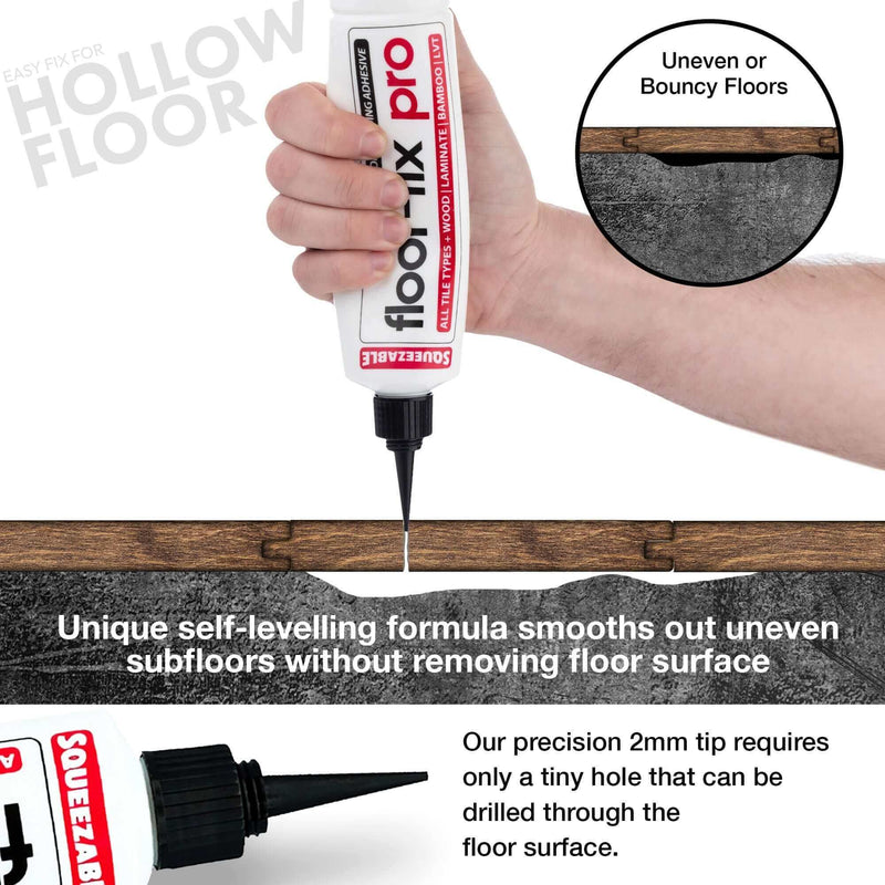 Last inn bildet i gallerivisningen, Hands applying Floor-Fix Pro Adhesive to wooden floorboards using the squeezable tube
